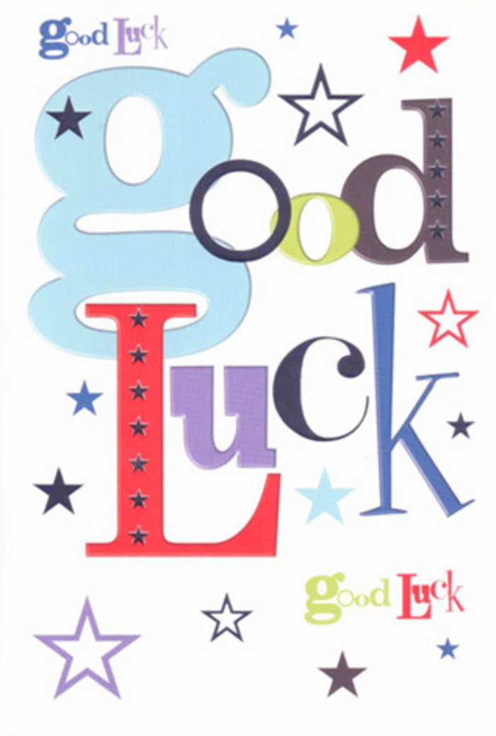 There is an immediate sense of celebration in this luck-themed card, where the words 'Good Luck' stride confidently across a bright white surface, each letter bursting with its own personality, like voices of friends gathered to cheer you on. A wide, pastel-blue 'G' takes the lead, followed by letters in midnight black, punchy red, moss green, and deep violet, every character designed in a slightly different font. Some are tall and slender, others short and broad, giving the phrase a rhythmic, almost hand-cut collage feel, as if assembled at a cosy kitchen table overlooking Kidbrooke Green. Dotted around the words is a joyous scatter of star motifs: solid navy stars that feel bold and sure, delicate indigo and sky-blue forms that hover lightly, and soft lilac and lemony-lime stars that glow gently against the white space. The stars vary in size-from tiny pinpricks to more assertive bursts-creating a sense of movement, like confetti drifting slowly through the air after a round of applause. The card's cardstock appears robust yet refined, with crisp, perfectly trimmed edges and a smooth, matte-like finish that would feel pleasant beneath your fingertips. Soft, even lighting makes the colours look true and vibrant, without glare, suggesting the card might be resting on a table by a window, perhaps near a freshly delivered bouquet ready to be taken to a celebration in Kidbrooke Village. This design exudes friendly energy and quiet confidence, making it perfect for sending heartfelt encouragement-whether for a university send-off, a new business venture, or a big audition-offering a small, tangible reminder that someone close by believes in the recipient's success.