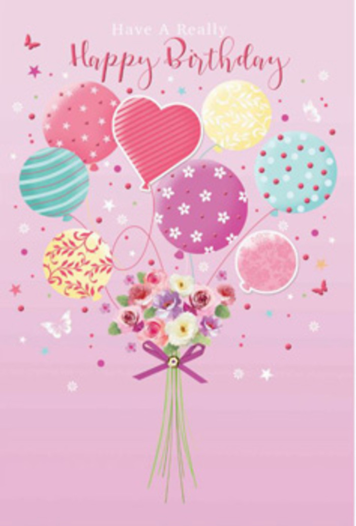 A sense of gentle jubilation fills this birthday artwork, as if the celebration has taken flight above Kidbrooke's quiet avenues. The background is a soft, creamy pink that sets a calm, joyous mood. Rising from the centre is a cluster of pastel balloons, each one delicately detailed. Some balloons glow with pale sunshine yellow edged in soft white; others are washed in rosy fuchsia and lavender tones, recalling the colours of evening sky glimpsed from Kidbrooke's gardens. Their surfaces are adorned with playful patterns-twisting ribbons, rows of dots, and light, swirling motifs-that bring a lively, childlike happiness to the design. Beneath them, a dainty garden bouquet is gathered at the base, its stems drawing together in a loose yet deliberate hand-tied style. Petite roses and soft, daisy-like blooms form the heart of the arrangement, their velvet petals shaded from warm cream through blush pink into deeper rose, as if kissed by the first rays of morning light streaming into a Kidbrooke home. Each flower head is carefully shaped, some facing forward as if to greet the viewer, others turned slightly to the side, adding depth and movement. A delicate purple bow finishes the bouquet, its understated shimmer suggesting the same care used by an expert florist tying the final knot before a birthday delivery. Imagined butterflies flutter near the balloons and blooms, adding to the sense of a suspended garden party-a moment of happiness held gently in the air. The entire composition whispers celebration and affection, like a birthday wish sent from Kidbrooke with warmth and love.