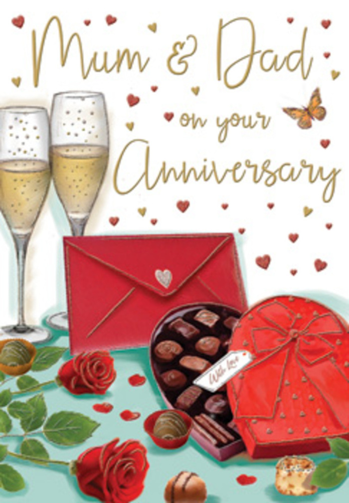 The scene on this anniversary card feels like a carefully composed tribute to enduring love, with details that could easily belong to a cosy celebration in Kidbrooke. At the heart of the image, two tall champagne flutes stand side by side, their transparent stems and rounded bowls catching delicate reflections of light. The glasses are filled with sparkling golden champagne, bubbles suspended in rising streams that suggest the imminent clink of a toast. Positioned just in front of them is a heart-shaped box of chocolates, lavishly coloured in a deep red that echoes the tone of a romantic evening. The lid is angled open, revealing rows of chocolates, each drawn with individual contours and a soft sheen that hints at rich fillings. Encircling the box is an extravagant scarlet ribbon, tied into a full, dramatic bow, the texture conveyed through gentle shading and highlighted edges. To the left, a pair of sumptuous red roses rest casually on the tabletop, their velvety petals layered in spirals that showcase their fullness and freshness, like blooms just selected from a Kidbrooke florist for a special delivery. Their glossy green leaves curve naturally, grounding the composition with a touch of nature. Nearby, a red envelope lies neatly closed, the pointed flap sealed, implying a personal message of thanks, love, or anniversary wishes to cherished parents. Above and around the central objects, tiny gold and crimson hearts drift like confetti, framing the likely Mum & Dad inscription in a joyful arc. The overall mood is indulgent yet gentle, blending the sensual pleasures of champagne, chocolate, and roses with the quiet satisfaction of years shared together in a familiar, much-loved home.