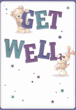 This get well card, illustrated with heartwarming whimsy, resonates with the easygoing, supportive air of Kidbrooke. A snuggly teddy bear, perched on the playful word 'GET,' and a delighted puppy, nuzzling close to the bold 'WELL,' fill the foreground with affection and hope. Their rounded features and expressive eyes feel unmistakably sincere, reminiscent of the comfort found in a thoughtfully arranged bouquet gifted to a loved one on a gentle stroll past Kidbrooke's local shops. Lively hues of deep indigo and soft teal form the bold, inviting letters, their vibrancy accentuated against the card's crisp white backdrop-much like a fresh spray of blooms brightens any corner of a home. Scattered stars drift across the card, hints of whimsy and healing energy, mirroring the optimism that floats through the community's parks and pathways. The card radiates the attentive care and thoughtful detail familiar to anyone who's received a personalised flower arrangement from a Kidbrooke florist, an ideal gesture to lift spirits and wish for smoother, happier days ahead.
