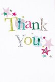 Gentle, uplifting energy radiates from this thank you card, as if its every detail was chosen to lift the spirits of anyone in Kidbrooke who receives it. The words 'Thank You' dance across the page in a colorful parade-shimmering silver, golden yellow, spring green, and sky blue, with some letters detailed by dots or fine stitched lines, reminiscent of the playful creativity seen at local craft clubs. Stars in hues of pink, teal, and polished silver float around the message, conjuring an atmosphere of festive warmth, like community celebrations in Kidbrooke Green Park. The flawless white background brings clarity and peace, letting every bright note and playful accent stand out. This cheerful design mingles light-heartedness with true sincerity, perfect for expressing gratitude after a neighbor's thoughtful gesture or marking a treasured moment. Imagine receiving this card alongside a bouquet from Flower Delivery Kidbrooke-gratitude shining with every petal and every inked letter.