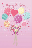 A whimsical birthday celebration comes to life on a soft pink canvas, conjuring the feeling of balloons rising above the rooftops and green spaces of Kidbrooke. At the centre, a cluster of pastel balloons floats upward with joyful energy, their rounded shapes and glossy surfaces catching the light as if illuminated by a gentle afternoon sun. Each balloon has its own character: some are wrapped in candy-coloured stripes that spiral playfully, others are dotted with cheerful spots, and a standout heart-shaped balloon rests near the centre, radiating a sense of love and connection. The colours flow through creamy ivory, blush pink, minty green, buttery yellow, and lavender, blending into a harmonious palette often seen in carefully curated birthday bouquets delivered across Kidbrooke. Below this parade of colour, a hand-tied bouquet gathers at the base, brimming with delicate roses and anemone-like blossoms. The petals are layered and feathery, their colours shifting from warm cream to soft blush and gentle mauve, giving the flowers a plush, almost cloud-like texture. A neat violet satin bow secures the stems, its smooth sheen catching the same light that glints off the floating balloons, much like the finishing touch on a real arrangement prepared by a skilled local florist. Tiny stars and suggested butterflies are scattered around the composition, adding a note of fairy-tale wonder, as if the whole design were a birthday wish in motion. The mood is airy, sweet, and perfectly festive, ideal for conveying bright, unforgettable birthday greetings to someone special in Kidbrooke.