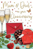 This illustrated anniversary card blends romance and comfort in a way that feels very at home in Kidbrooke's peaceful neighbourhoods. The composition centres on two slim champagne flutes, their clear glass finely drawn so you can almost feel the smooth curve beneath your fingers. They are filled with pale, sparkling champagne, golden bubbles ascending in delicate trails, as if frozen at the exact moment before a loving toast. In front, a heart-shaped chocolate box in rich crimson red is shown opened just enough to reveal an array of chocolates nestled inside, each piece shaded to suggest creamy or nutty centres. A few chocolates have been lifted from the box and placed on the table, adding an inviting, lived-in touch. The box is wrapped in an opulent scarlet ribbon, tied into a large bow with flowing tails that curl softly across the surface. Off to one side, two red roses rest on the tabletop, their petals lush and velvety, layered in tight spirals with fresh green leaves framing them, much like a hand-tied stem picked up from a local Kidbrooke florist for a special anniversary. A solid red envelope lies nearby, clean and sealed, angled slightly to hint at a heartfelt, handwritten note inside, perhaps addressed to Mum & Dad in flowing script above the scene. Scattered around are glimmering hearts in shades of crimson and gold, floating lightly against a warm, neutral background. Together, these elements create a sense of cosy elegance and enduring affection, echoing the gentle joy of celebrating years of partnership with champagne, chocolates, and the timeless beauty of roses.